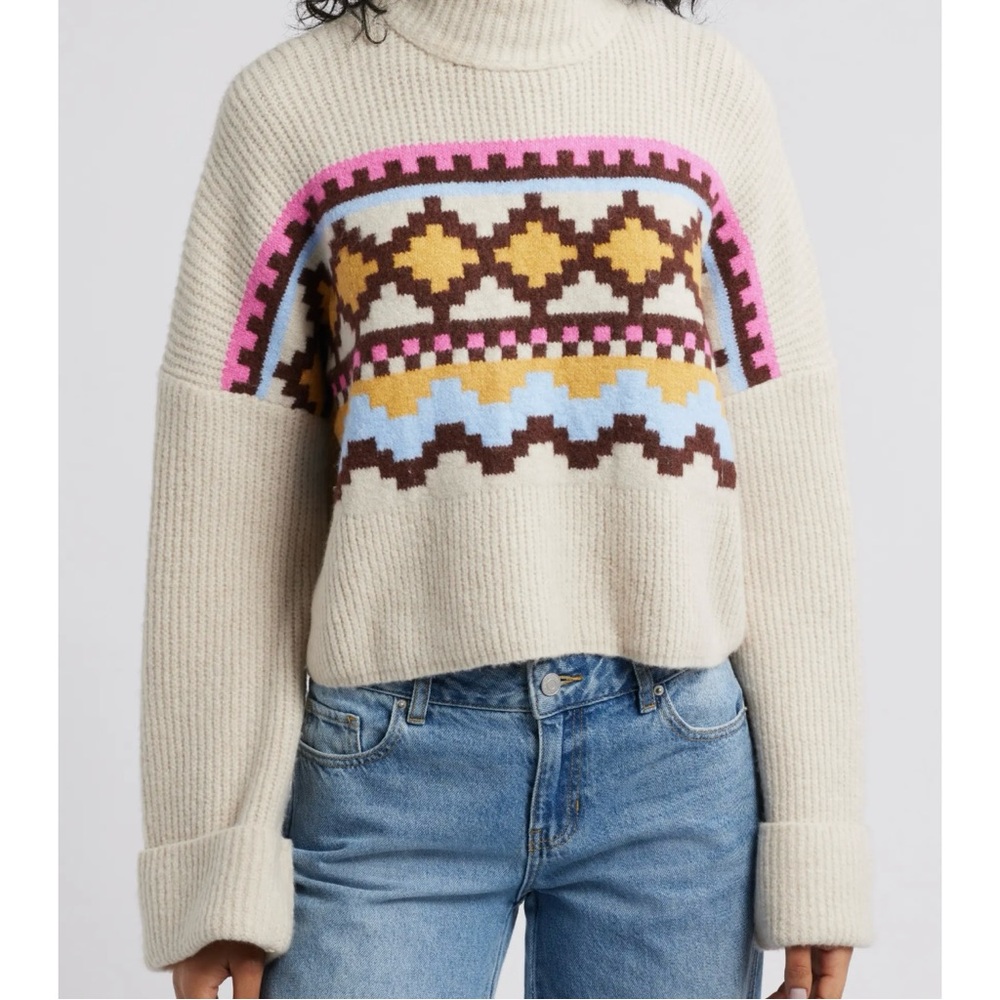 NYC Knits Cream and Pink Cowl Neck Sweater with Fair Isle Pattern